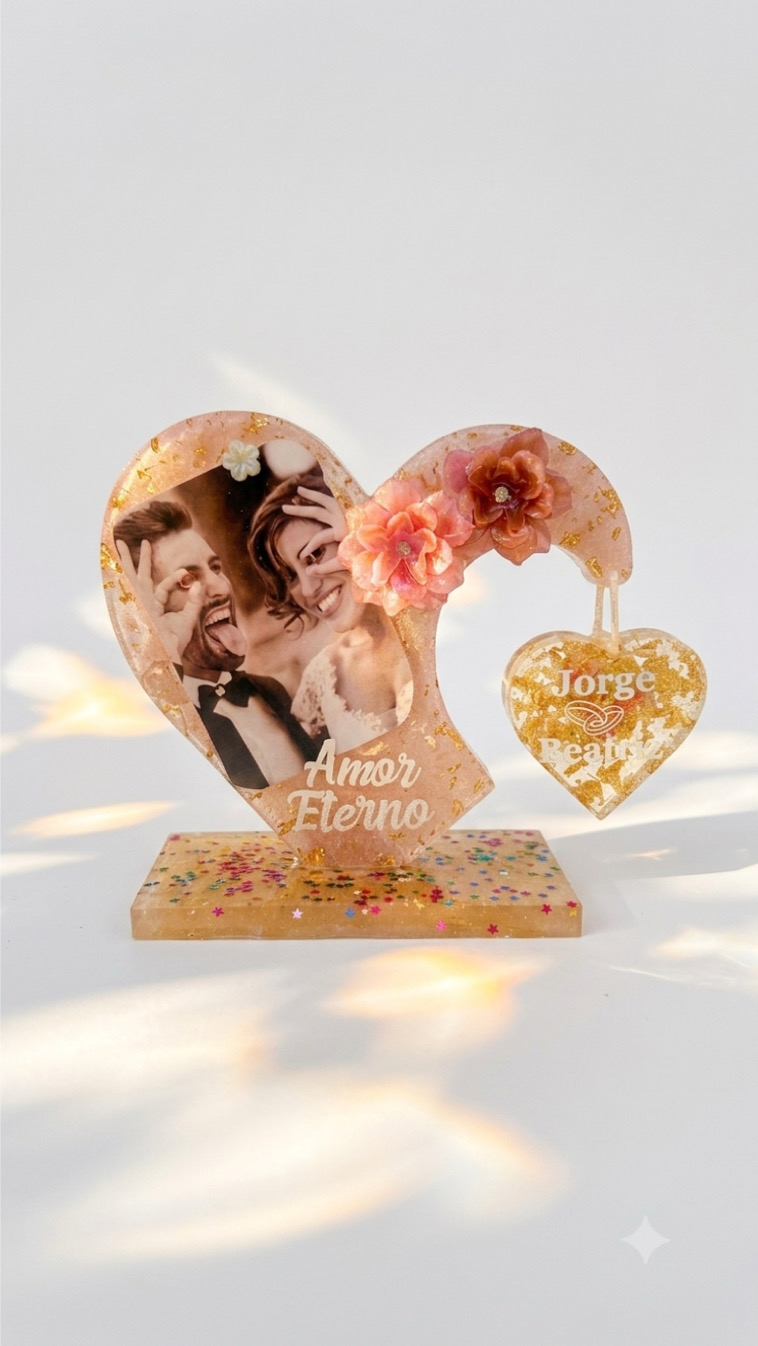 Amor Eterno resin heart with couple photograph