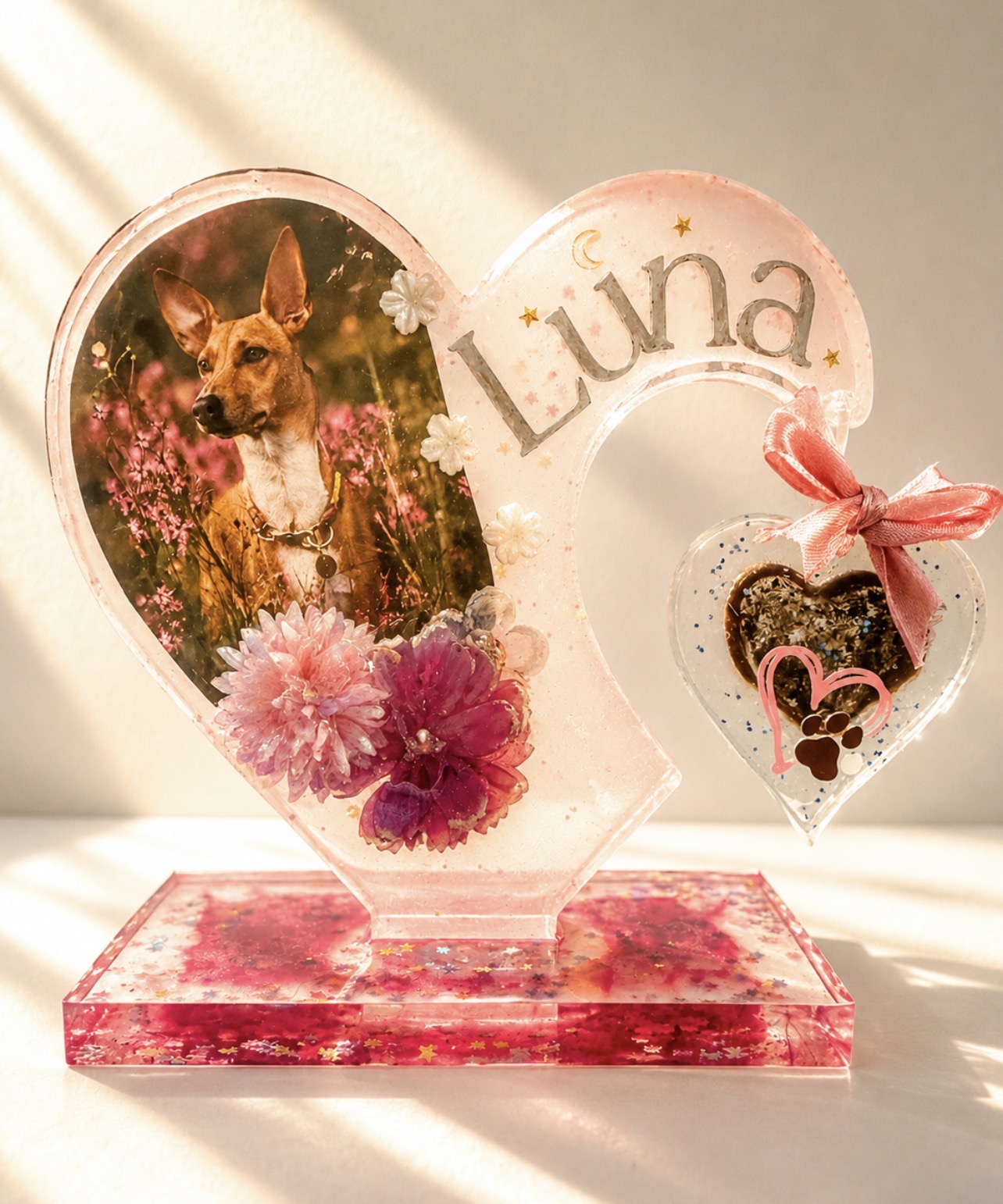 Pieza premium de doble corazón personalizada con la fotografía de Luna