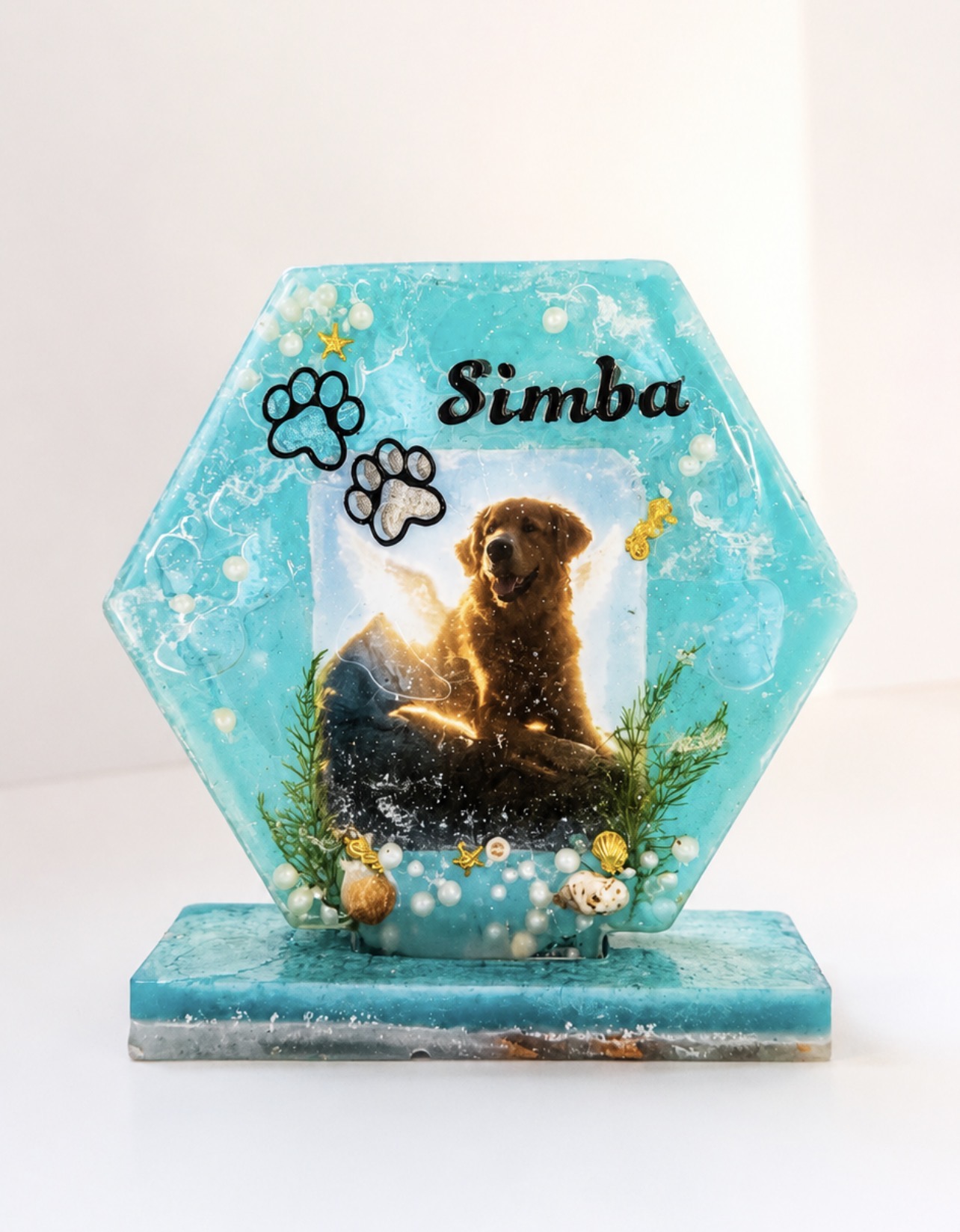 Hexágono decorativo azul personalizado con fotografía de Simba