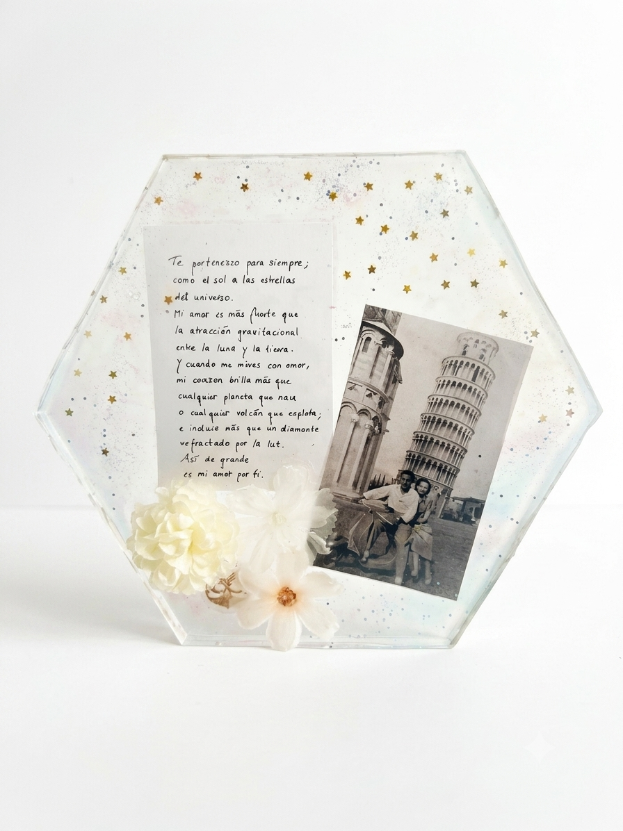 Eternal Link hexagonal keepsake with letter, flowers and family photograph